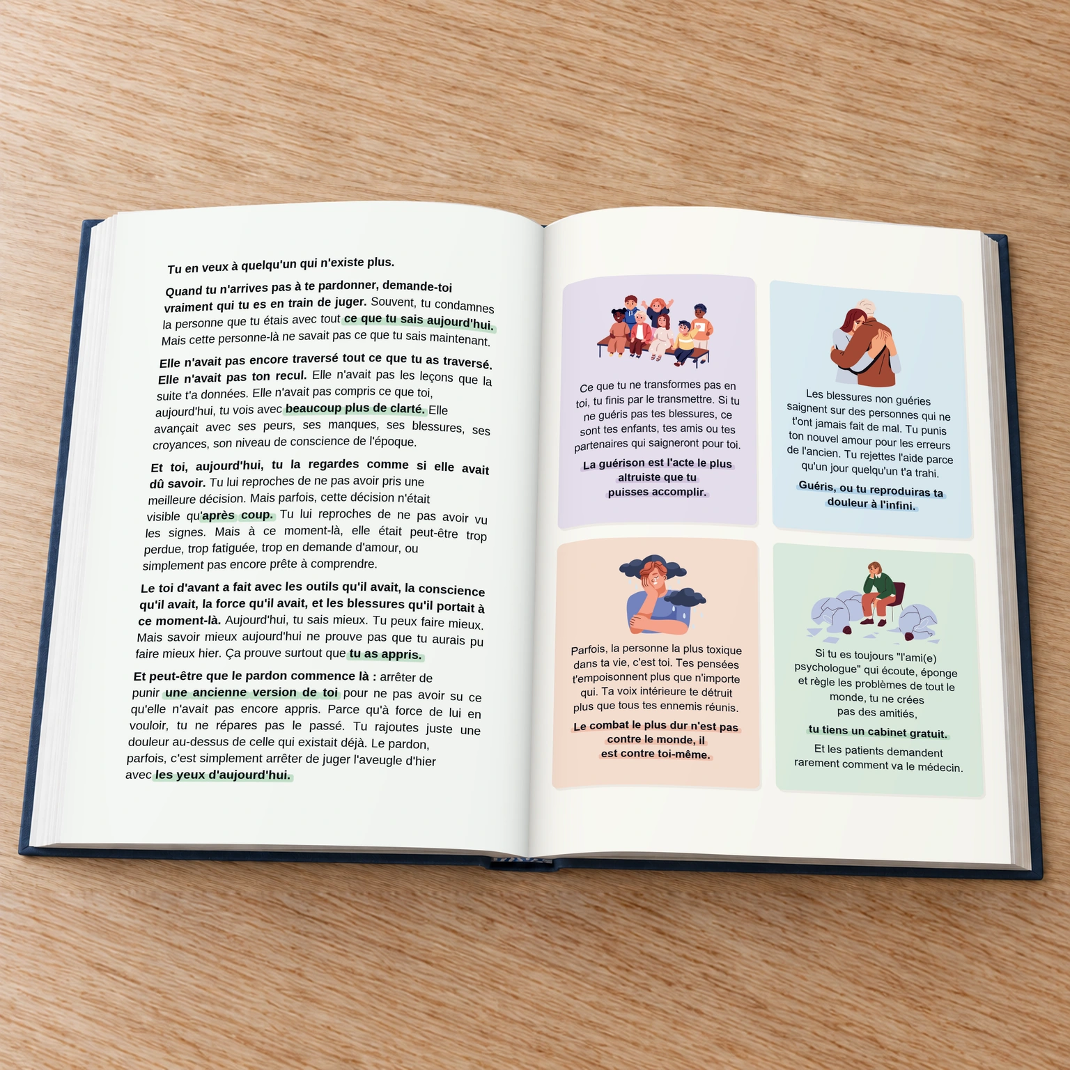 Livre ouvert : texte sur le pardon envers soi et quatre compositions illustrées.