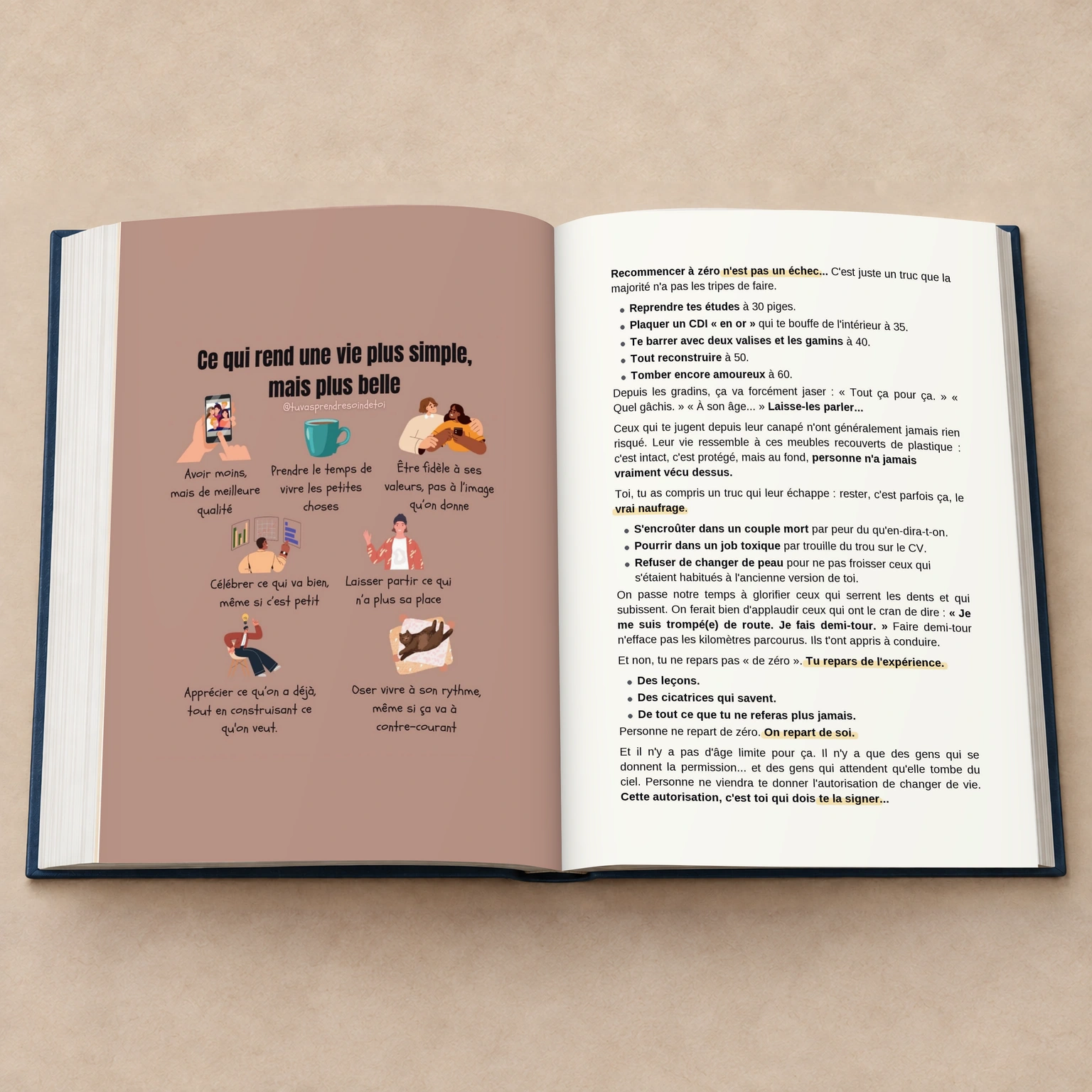 Livre ouvert : page illustrée et texte long sur le fait de recommencer à zéro.
