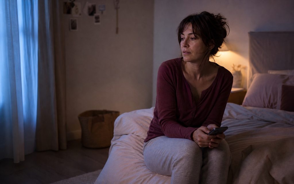 Femme assise sur son lit la nuit avec son téléphone, prise dans ses pensées