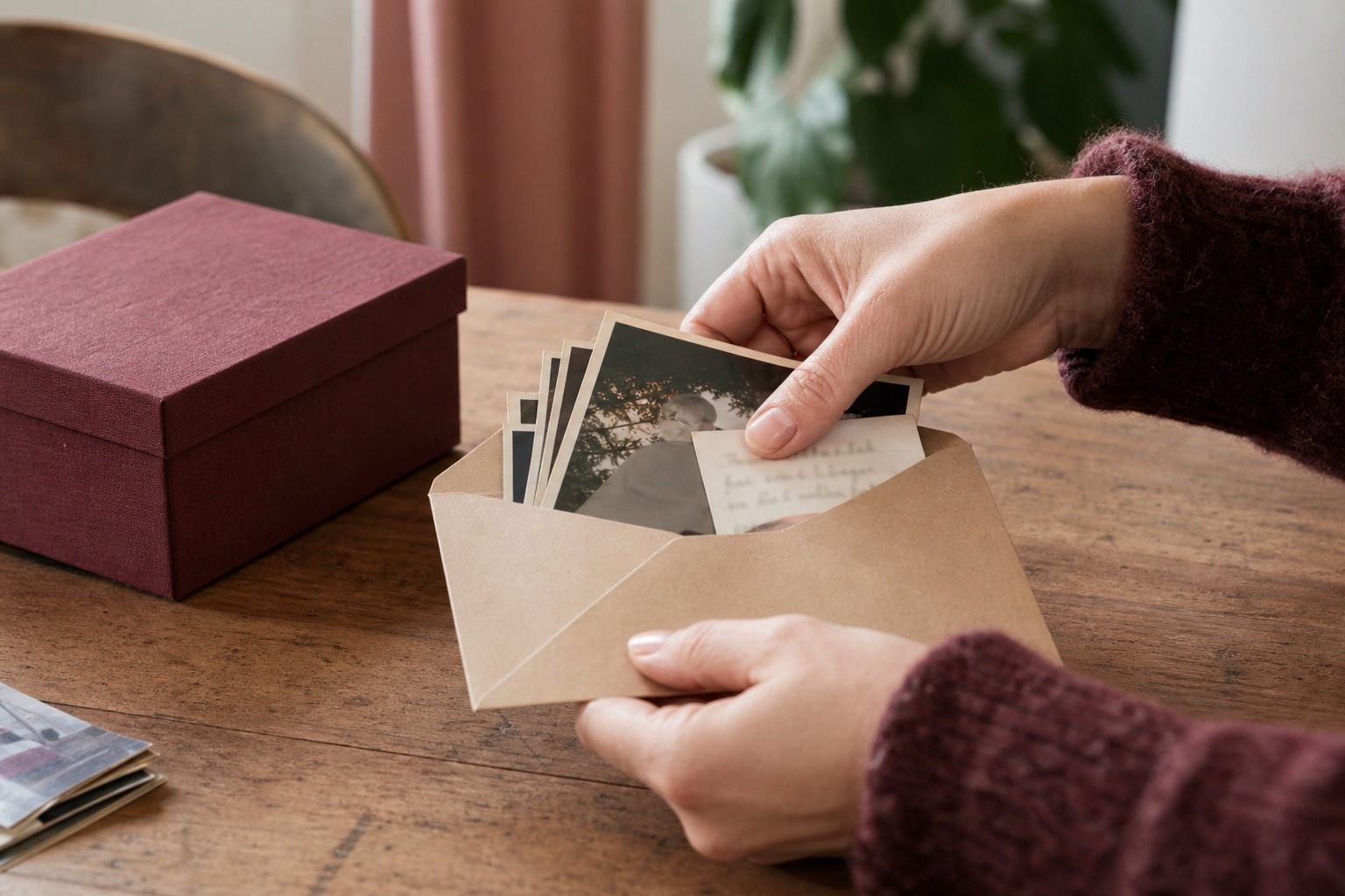 Mains rangeant des photographies et une note dans une enveloppe