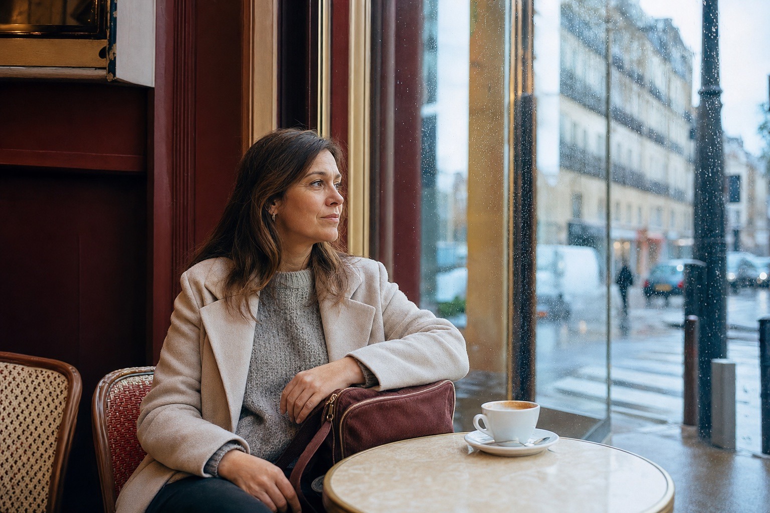 Femme assise seule dans un café et regardant la rue plutôt que son téléphone