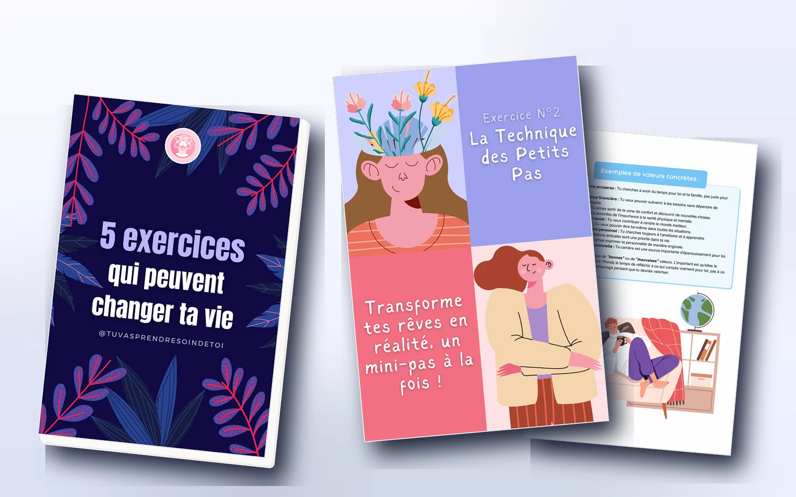 Aperçu du carnet 5 exercices qui peuvent changer ta vie avec une page illustrée et un exemple d’exercice