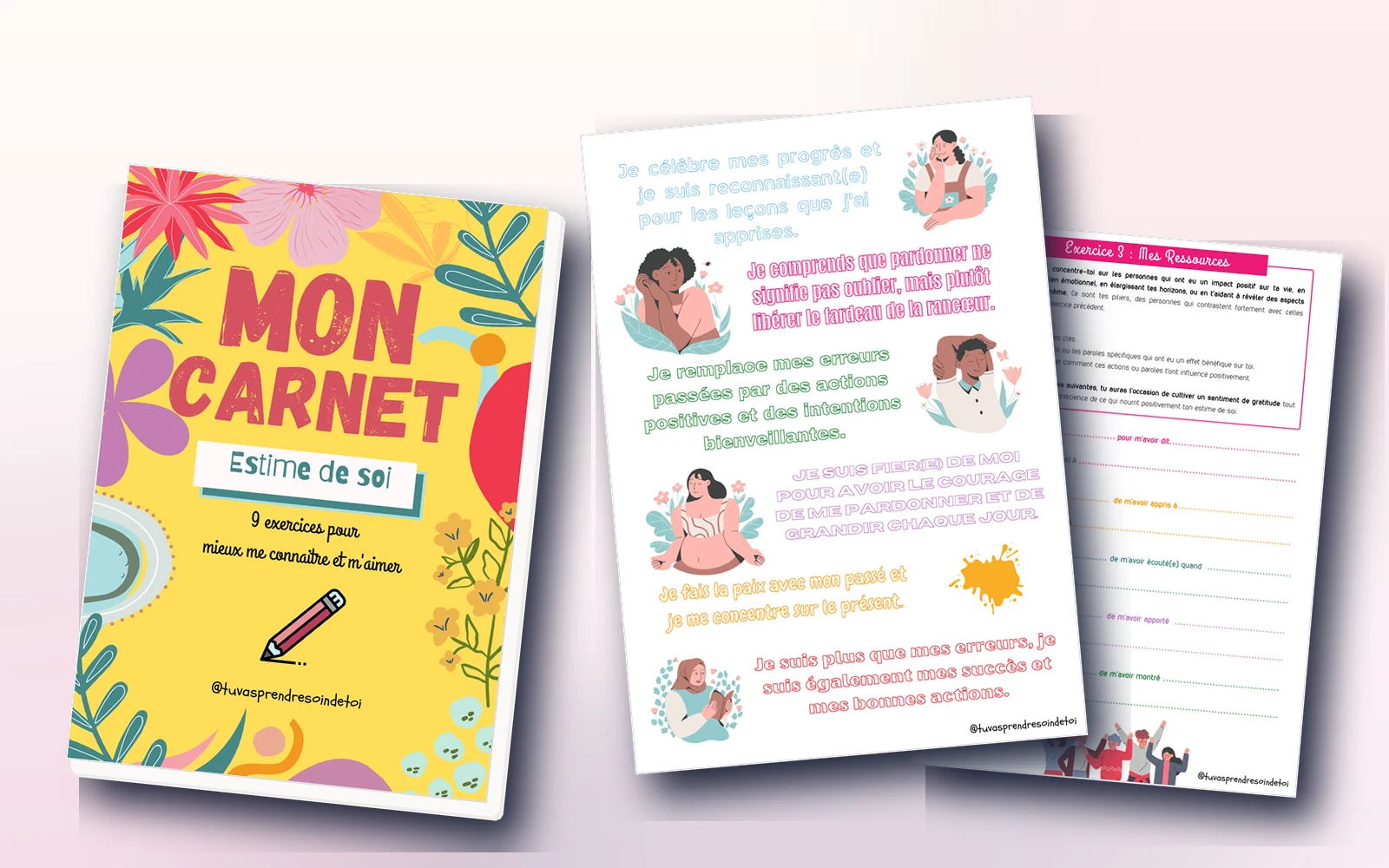 Aperçu du carnet Estime de soi avec une page illustrée et un exercice à remplir